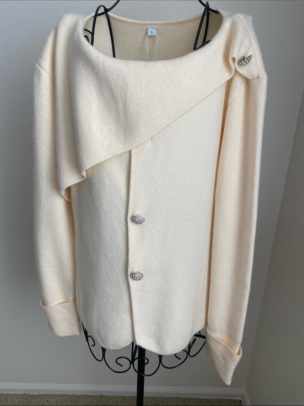 Cream Asymmetric Draped Women's Cardigan with Rhinestone Buttons
